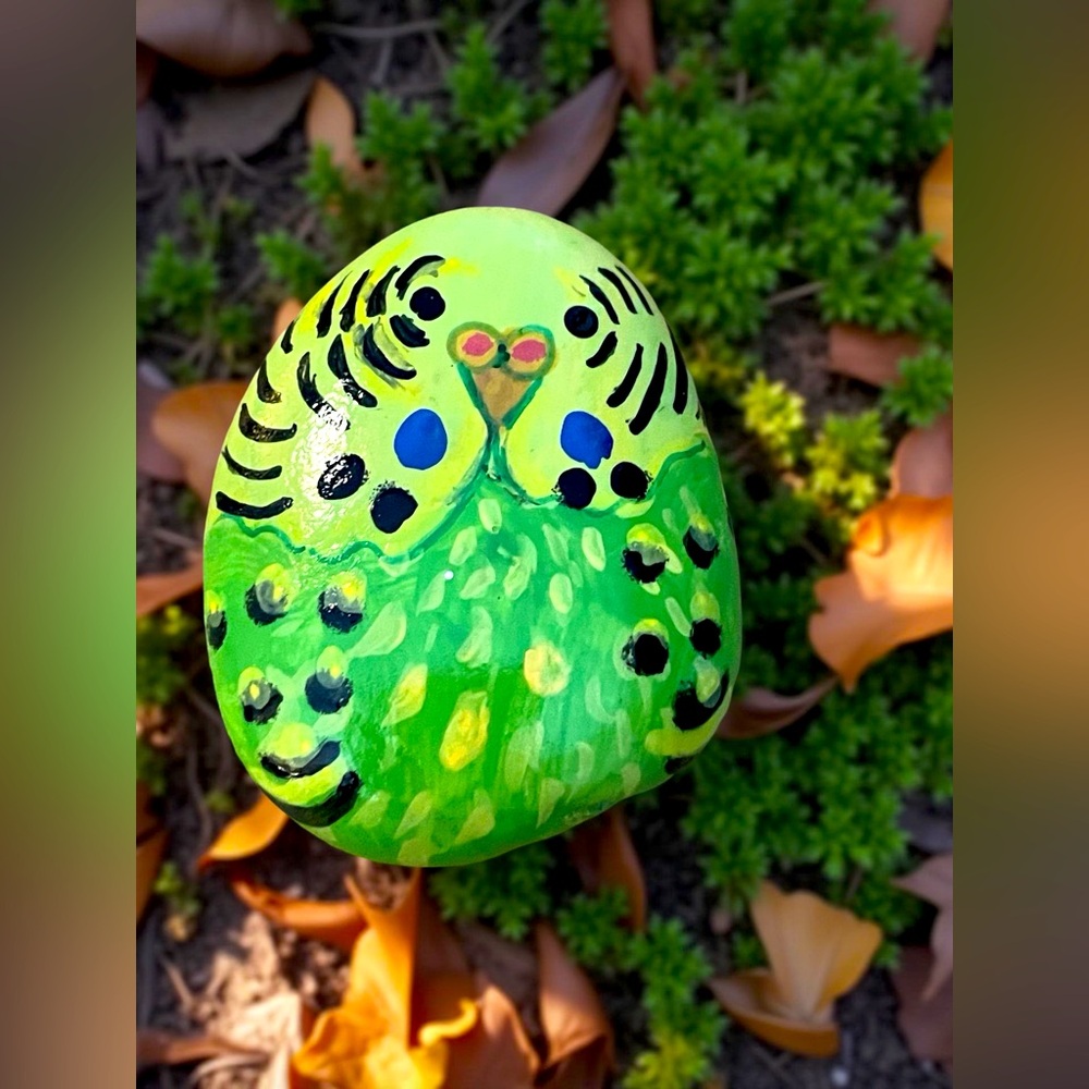 Hand crafted painted parakeet bird rock green yellow blue black dotted 2x2 inch